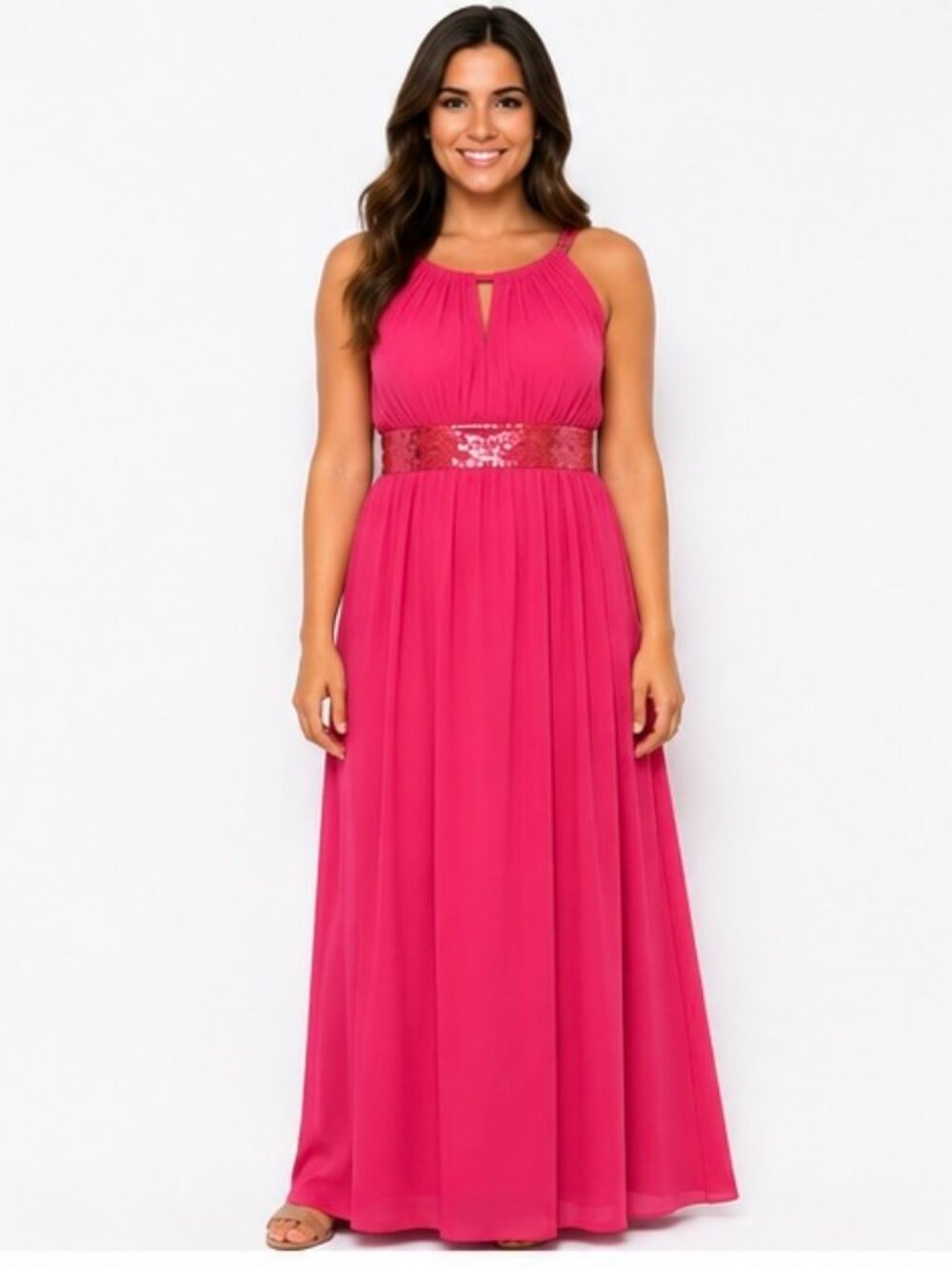 RM Richards Women’s 14W Tall Pink Sequin Waist Maxi Dress Formal Evening